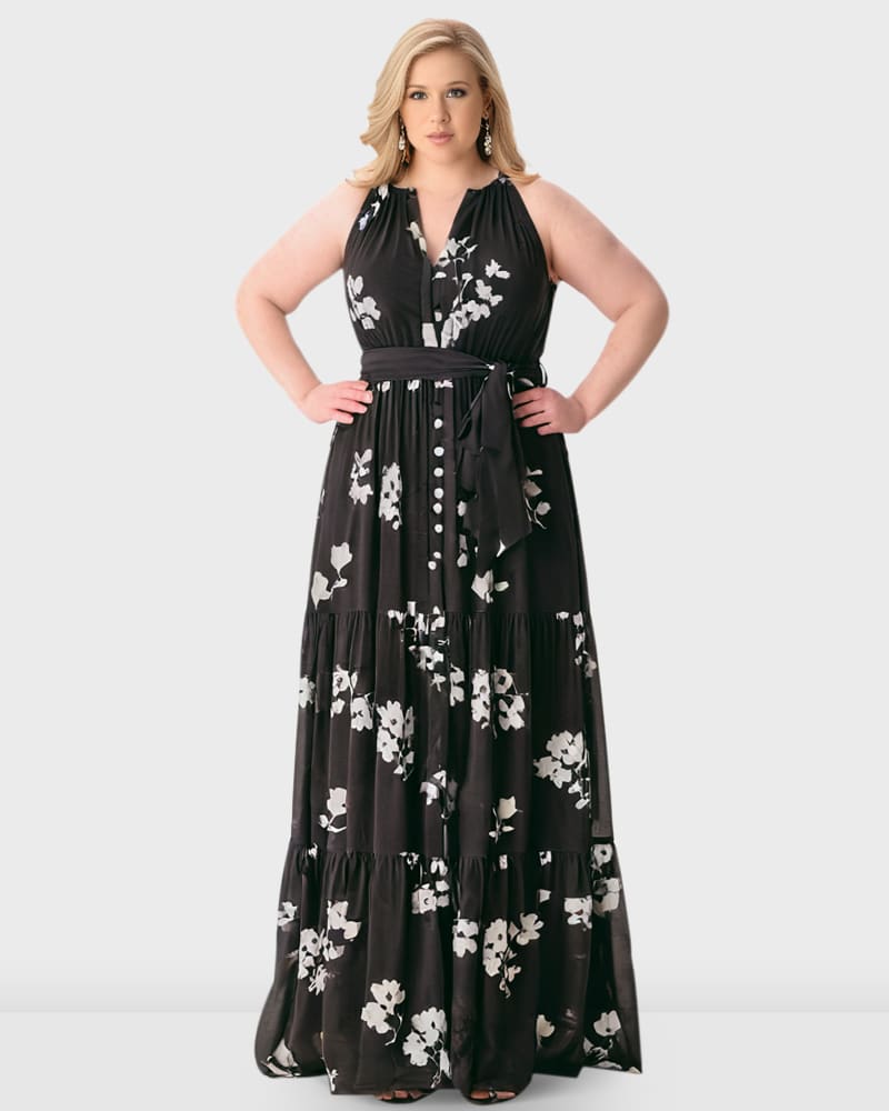 Front of a model wearing a size 1X-16W Floral print georgette ruched tier dress in Black by eShakti. | dia_product_style_image_id:324131